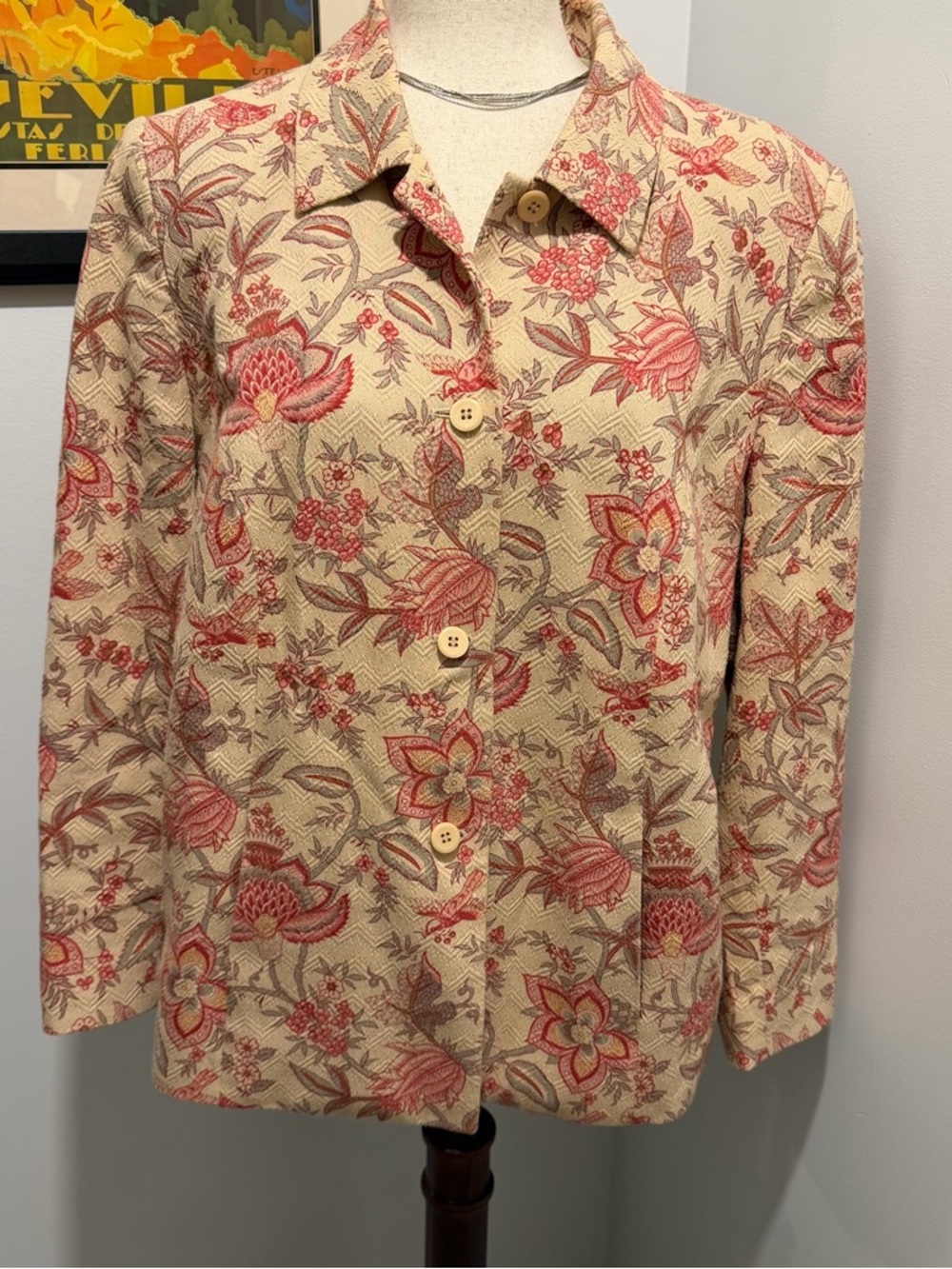 Talbots Woman Petites Beige Red Floral Bird Print Silk Blend Button Up Blazer 14